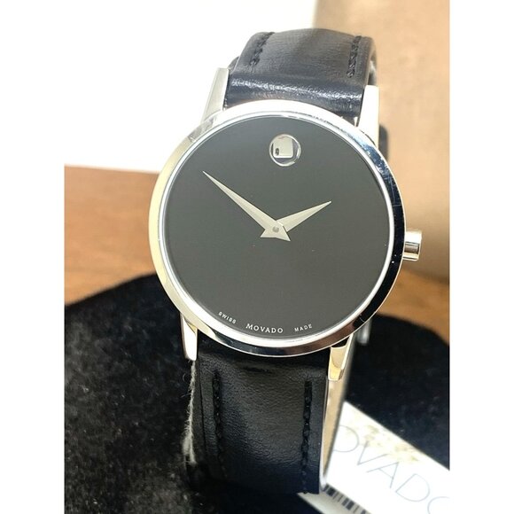 Movado Women's Watch 0607274 Swiss Quartz Silver Museum Black Dial Leather Band
